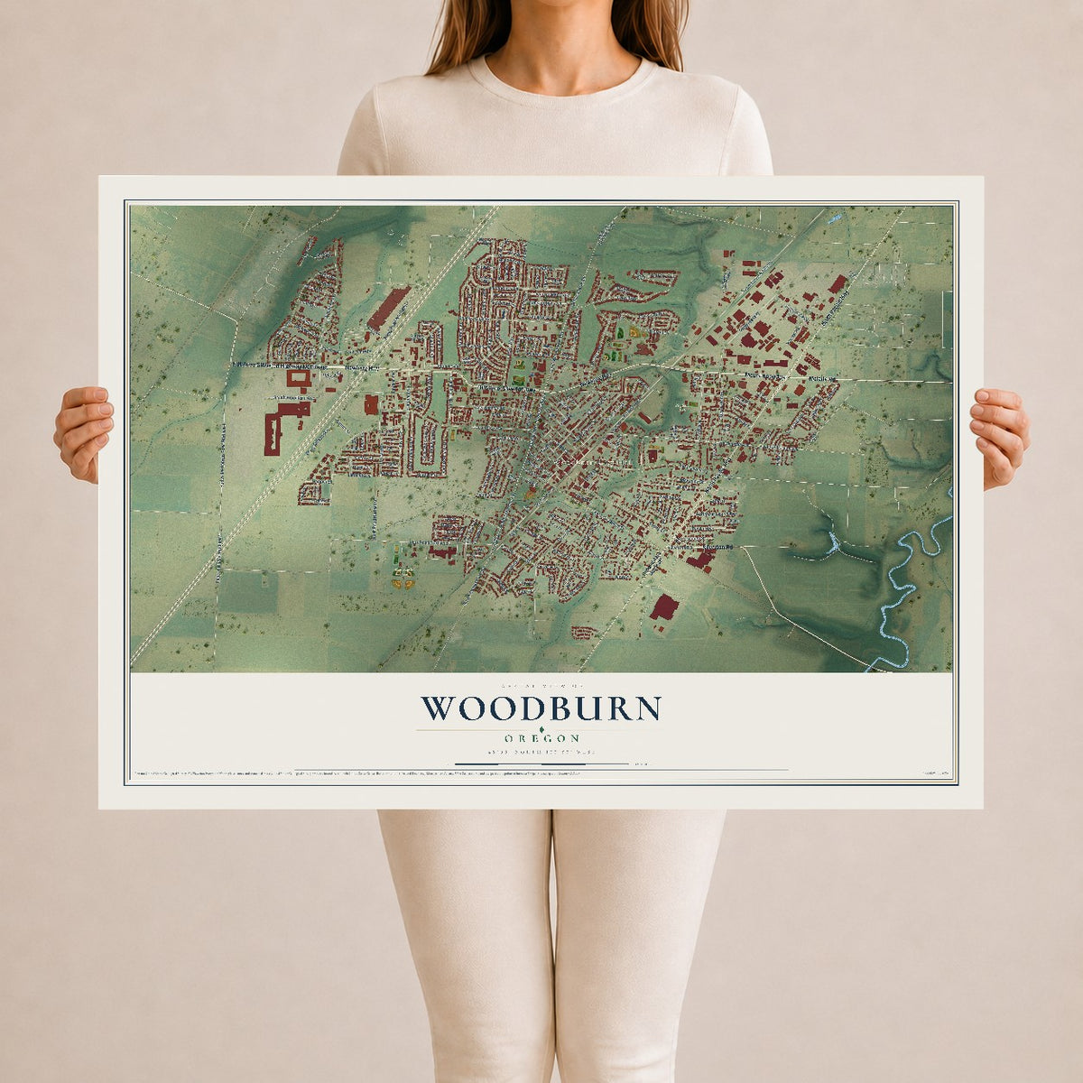 Map of Woodburn, Oregon, 24 x 36 inch unframed archival matte print