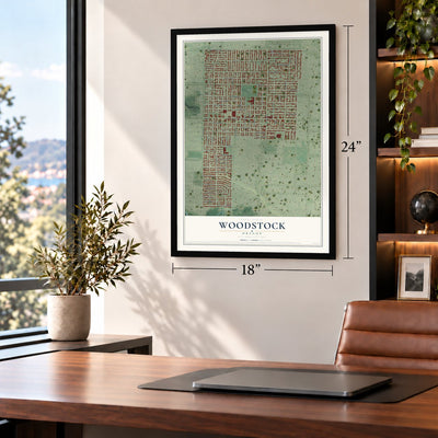 Woodstock, Oregon map, 18 x 24 inch print in a black frame in a home office