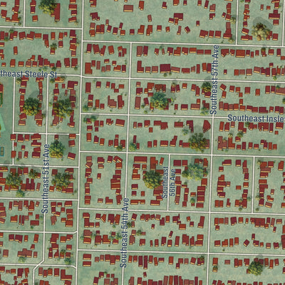 Close-up of the map of Woodstock, Oregon print showing street and building detail