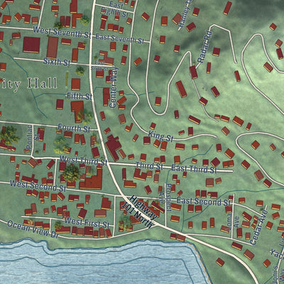 Close-up of the map of Yachats, Oregon print showing street and building detail