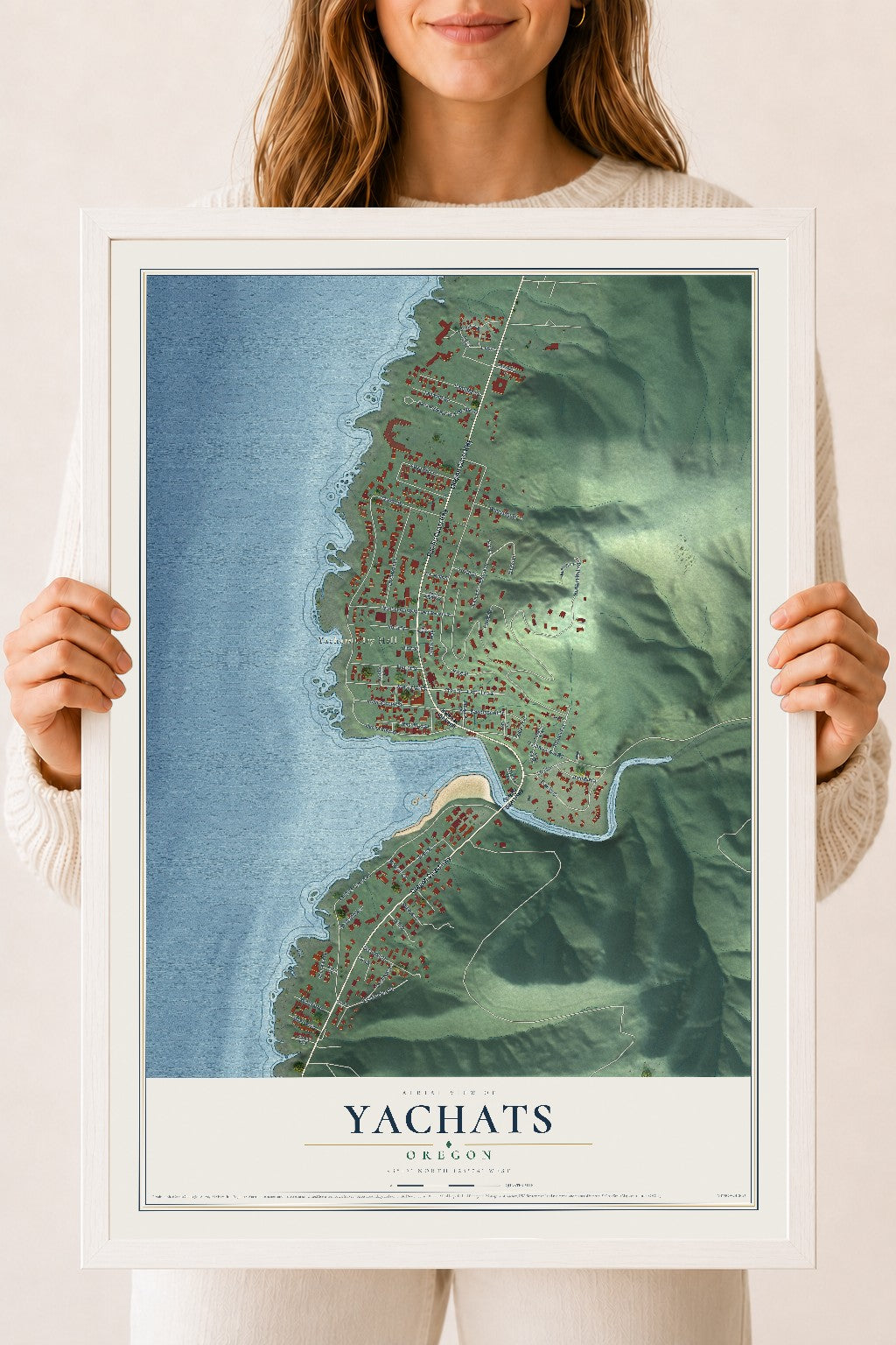 Map of Yachats, Oregon, 18 x 24 inch print in a white wood frame