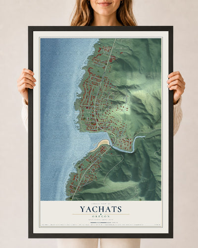 Map of Yachats, Oregon, 24 x 36 inch print in a black wood frame