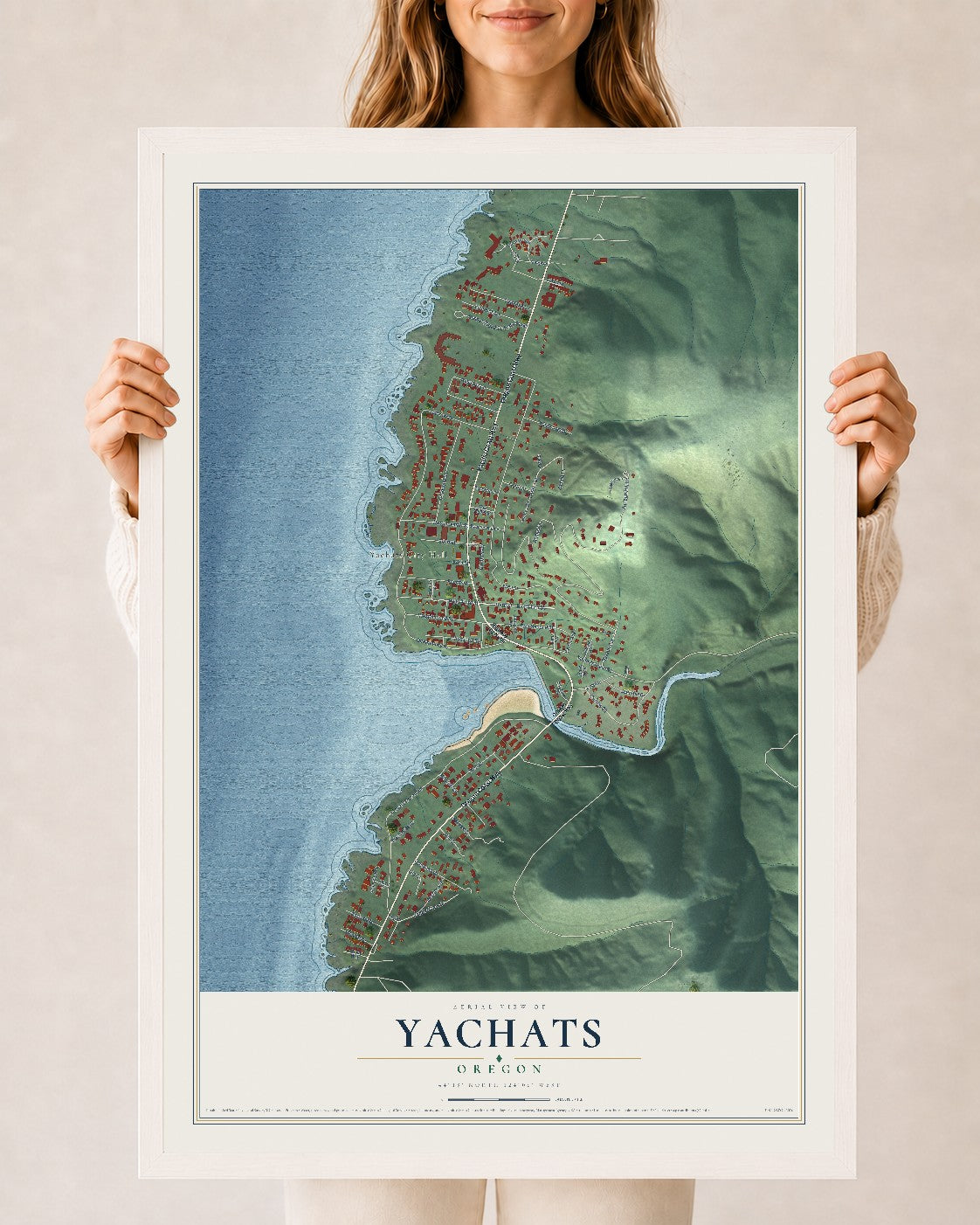 Map of Yachats, Oregon, 24 x 36 inch print in a white wood frame