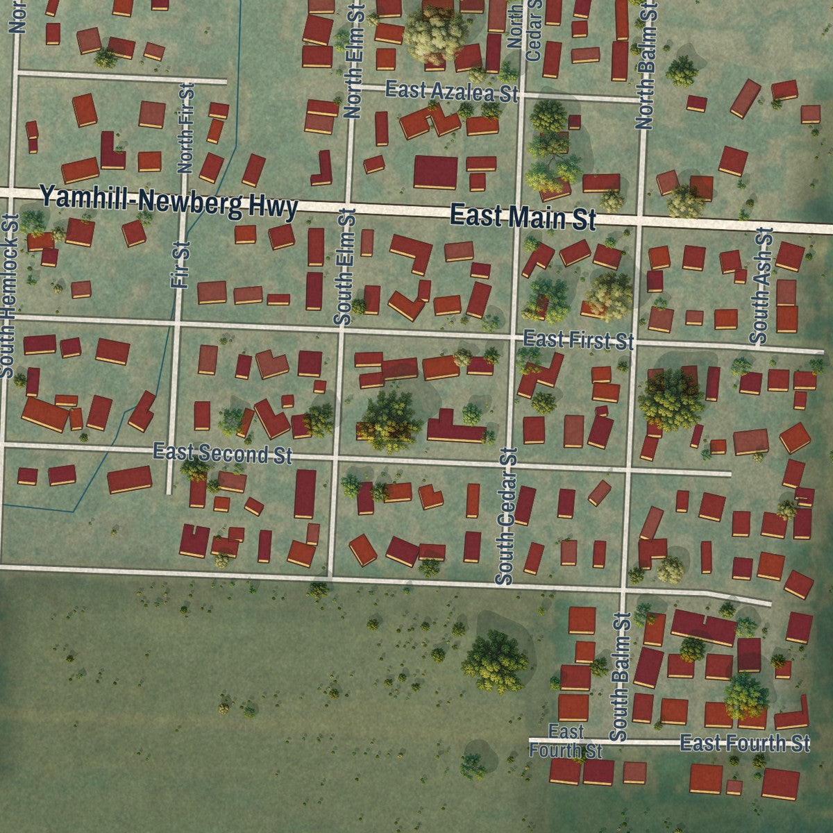Close-up of the map of Yamhill, Oregon print showing street and building detail