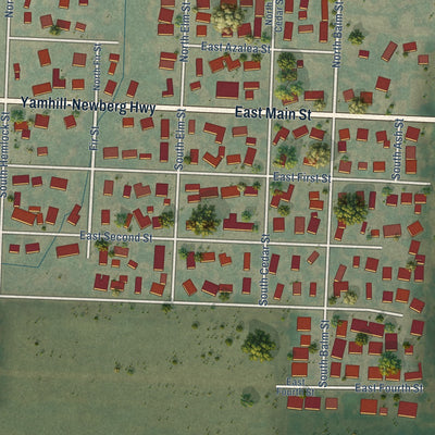 Close-up of the map of Yamhill, Oregon print showing street and building detail