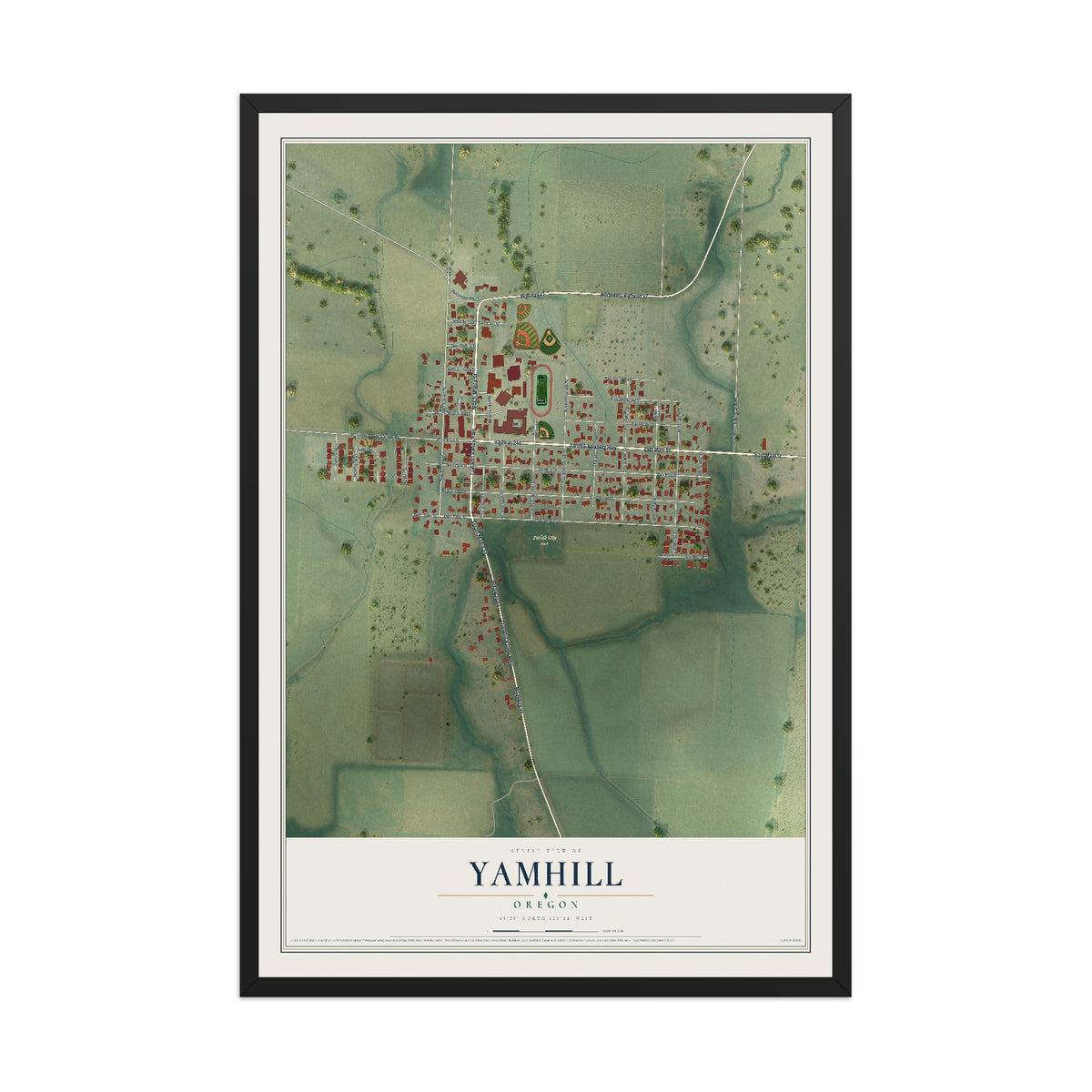 Map of Yamhill, Oregon, 12 x 18 inch print in a black wood frame
