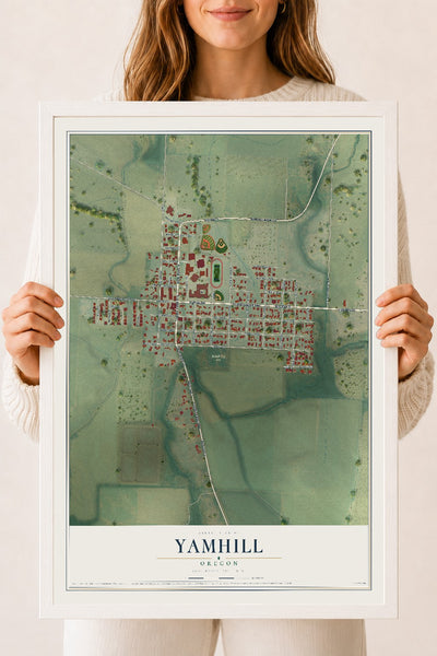 Map of Yamhill, Oregon, 18 x 24 inch print in a white wood frame
