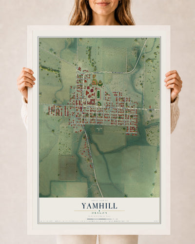 Map of Yamhill, Oregon, 24 x 36 inch print in a white wood frame