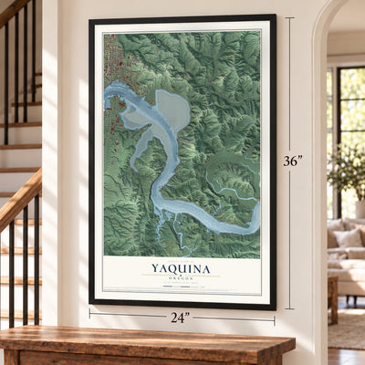Yaquina, Oregon map, 24 x 36 inch print in a black frame by a staircase
