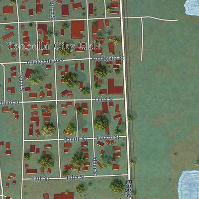 Close-up of the map of Yoncalla, Oregon print showing street and building detail