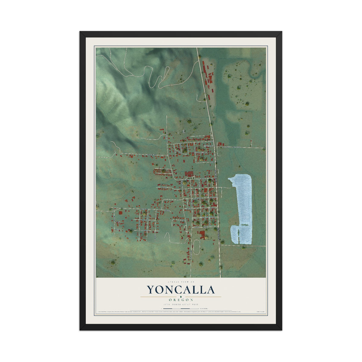 Map of Yoncalla, Oregon, 12 x 18 inch print in a black wood frame