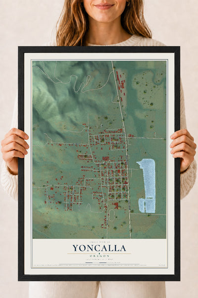 Map of Yoncalla, Oregon, 18 x 24 inch print in a black wood frame