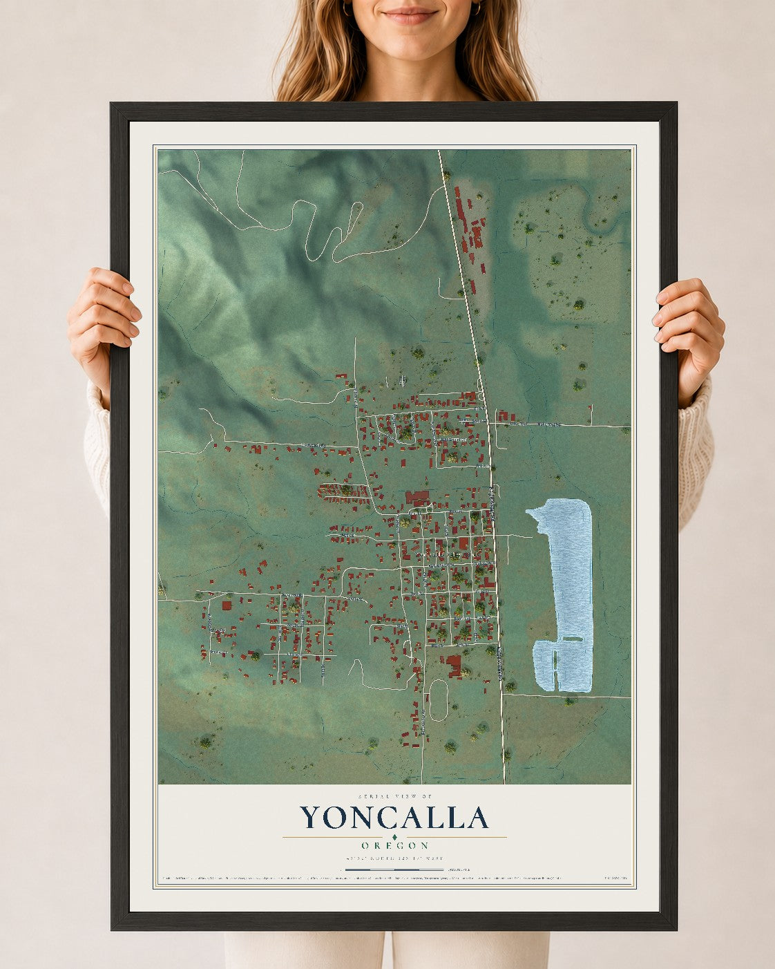 Map of Yoncalla, Oregon, 24 x 36 inch print in a black wood frame