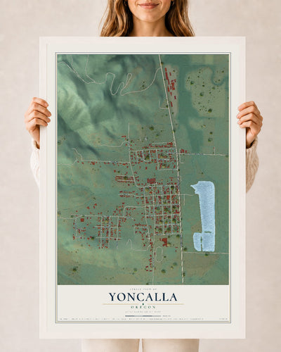 Map of Yoncalla, Oregon, 24 x 36 inch print in a white wood frame
