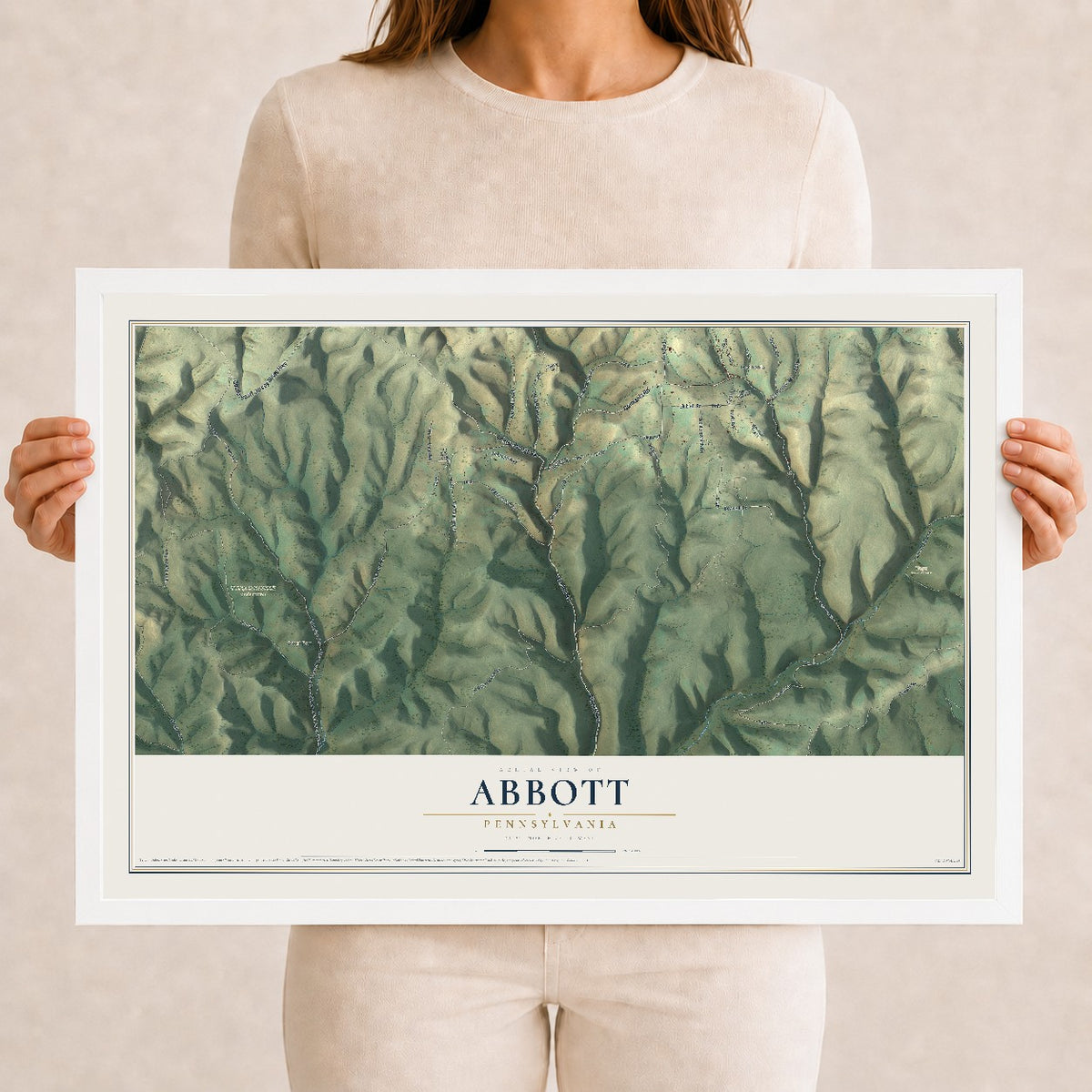 Map of Abbott, Pennsylvania, 12 x 18 inch print in a white wood frame