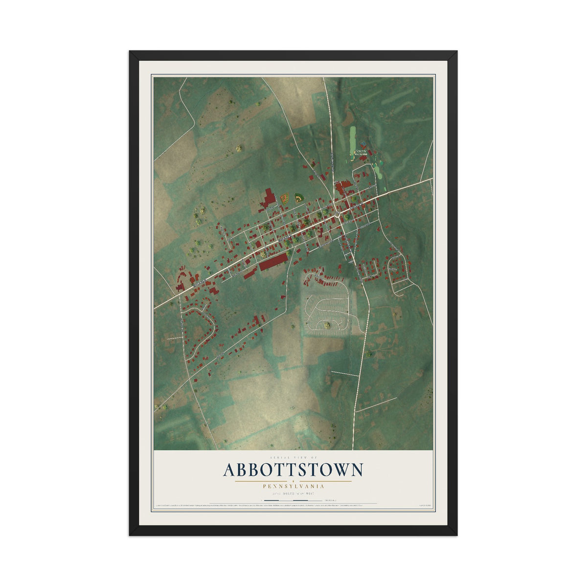 Map of Abbottstown, Pennsylvania, 12 x 18 inch print in a black wood frame