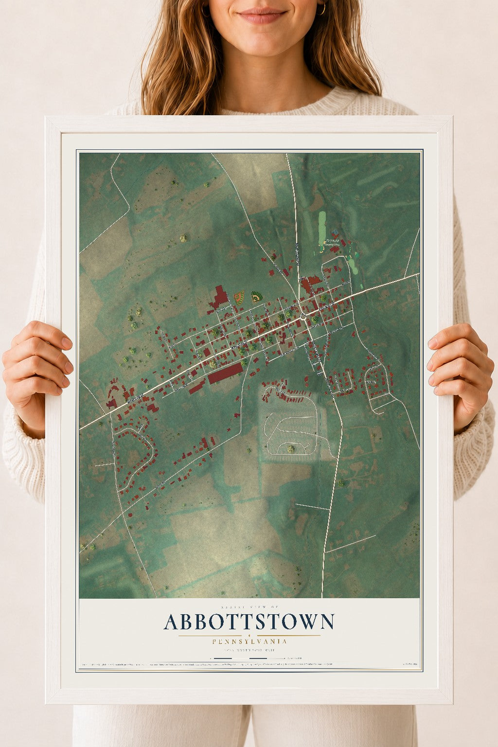 Map of Abbottstown, Pennsylvania, 18 x 24 inch print in a white wood frame