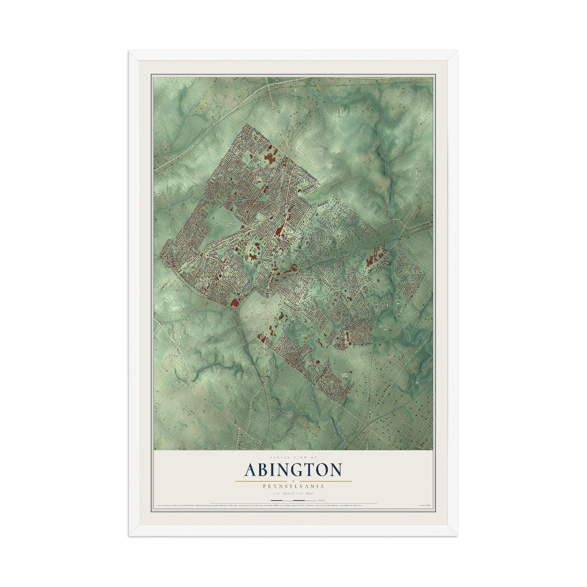Map of Abington, Pennsylvania, 12 x 18 inch print in a white wood frame