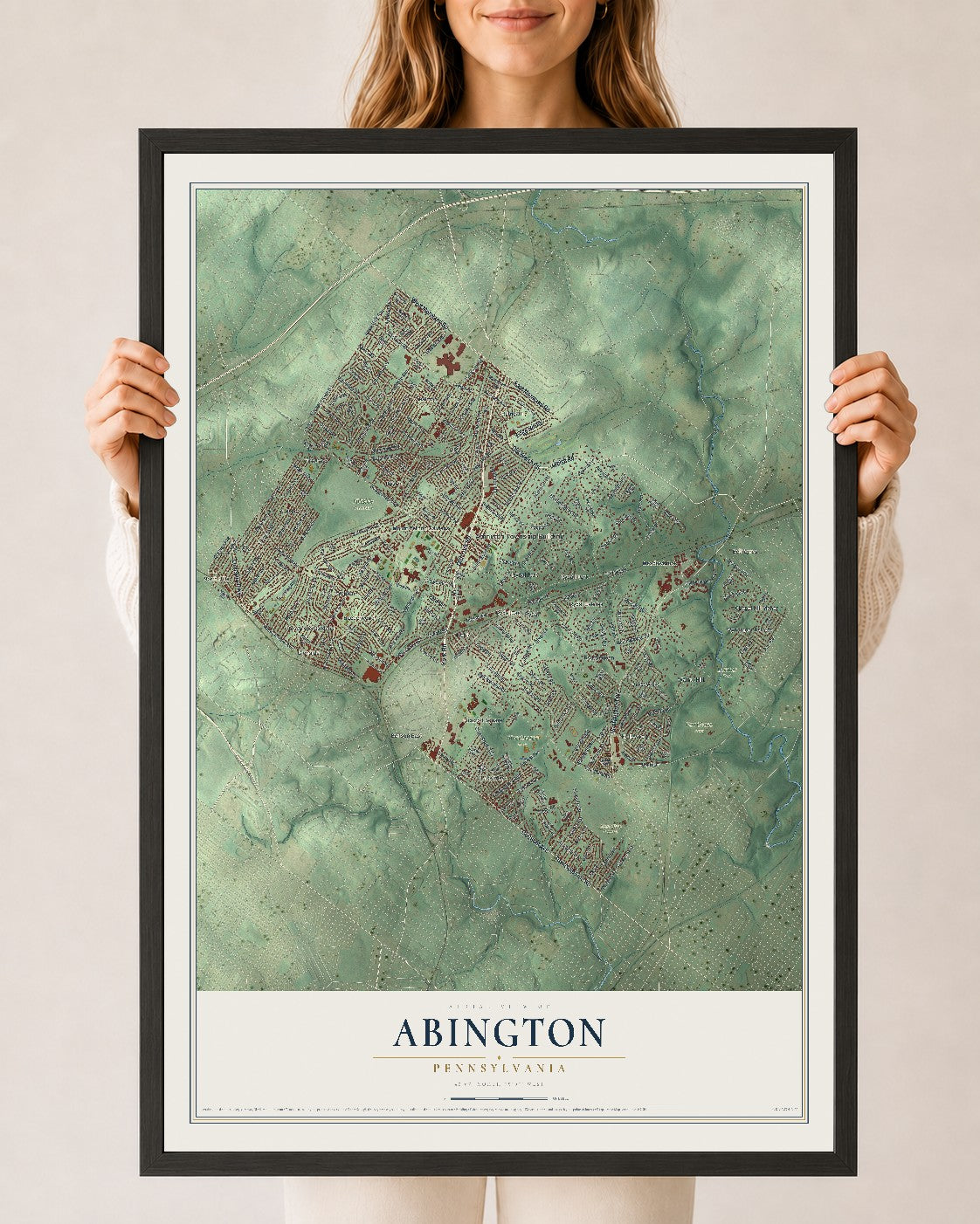 Map of Abington, Pennsylvania, 24 x 36 inch print in a black wood frame