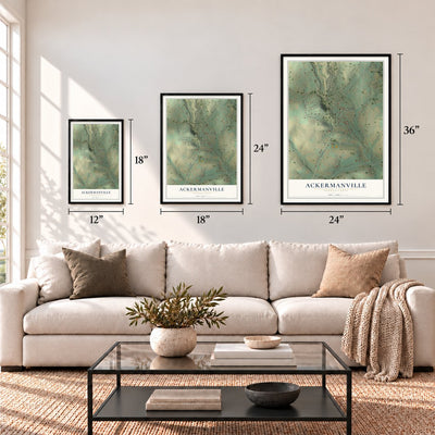 Ackermanville, Pennsylvania map in 12 x 18, 18 x 24 and 24 x 36 inch sizes above a sofa