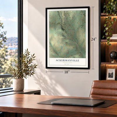 Ackermanville, Pennsylvania map, 18 x 24 inch print in a black frame in a home office