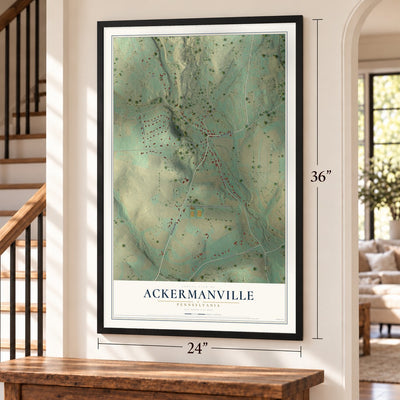 Ackermanville, Pennsylvania map, 24 x 36 inch print in a black frame by a staircase
