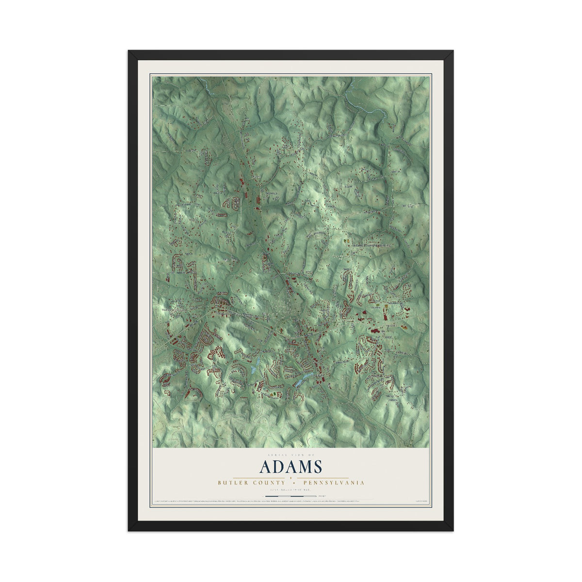 Map of Adams, Butler County, Pennsylvania, 12 x 18 inch print in a black wood frame