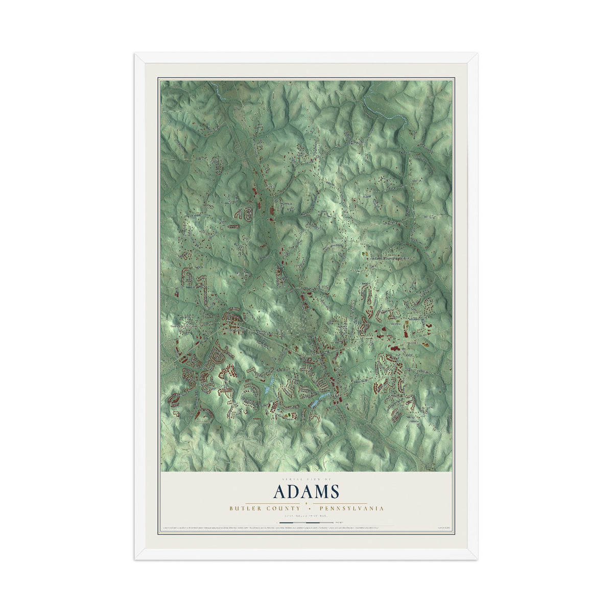 Map of Adams, Butler County, Pennsylvania, 12 x 18 inch print in a white wood frame