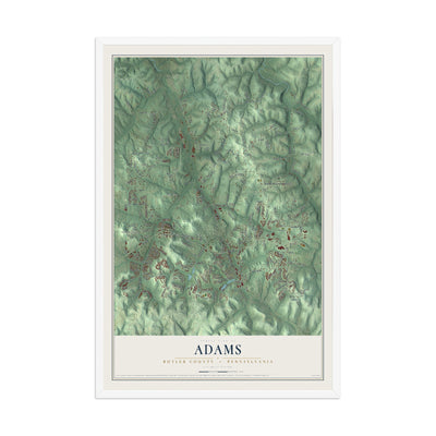 Map of Adams, Butler County, Pennsylvania, 12 x 18 inch print in a white wood frame