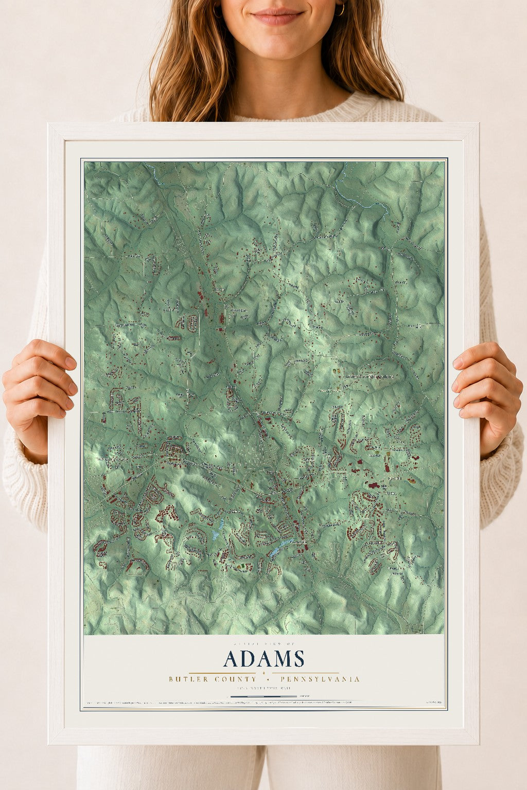 Map of Adams, Butler County, Pennsylvania, 18 x 24 inch print in a white wood frame