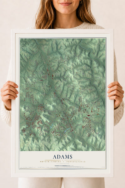 Map of Adams, Butler County, Pennsylvania, 18 x 24 inch print in a white wood frame