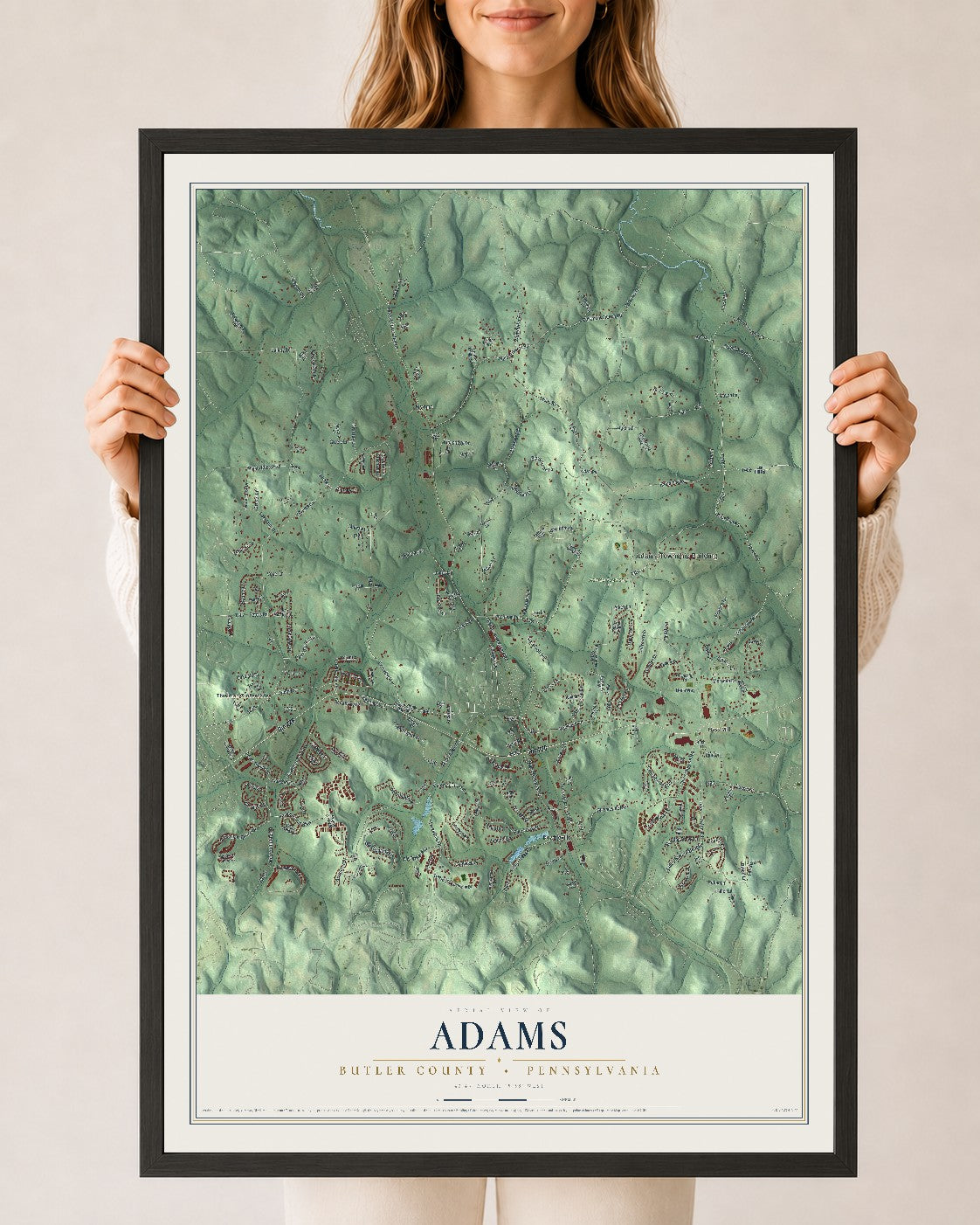 Map of Adams, Butler County, Pennsylvania, 24 x 36 inch print in a black wood frame