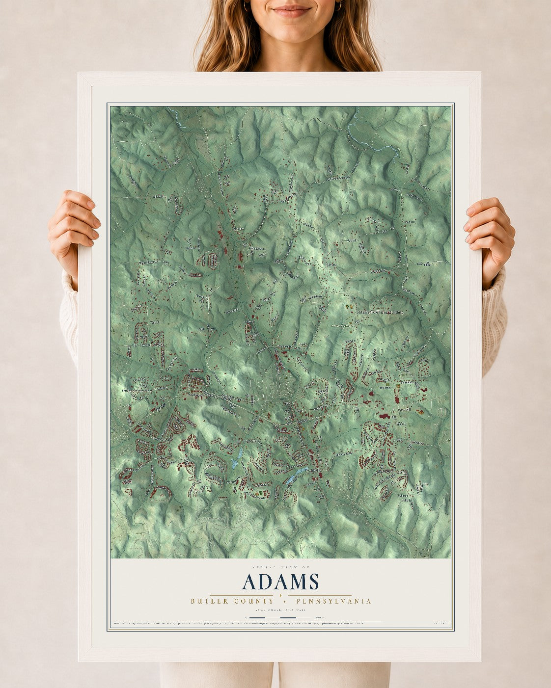 Map of Adams, Butler County, Pennsylvania, 24 x 36 inch print in a white wood frame