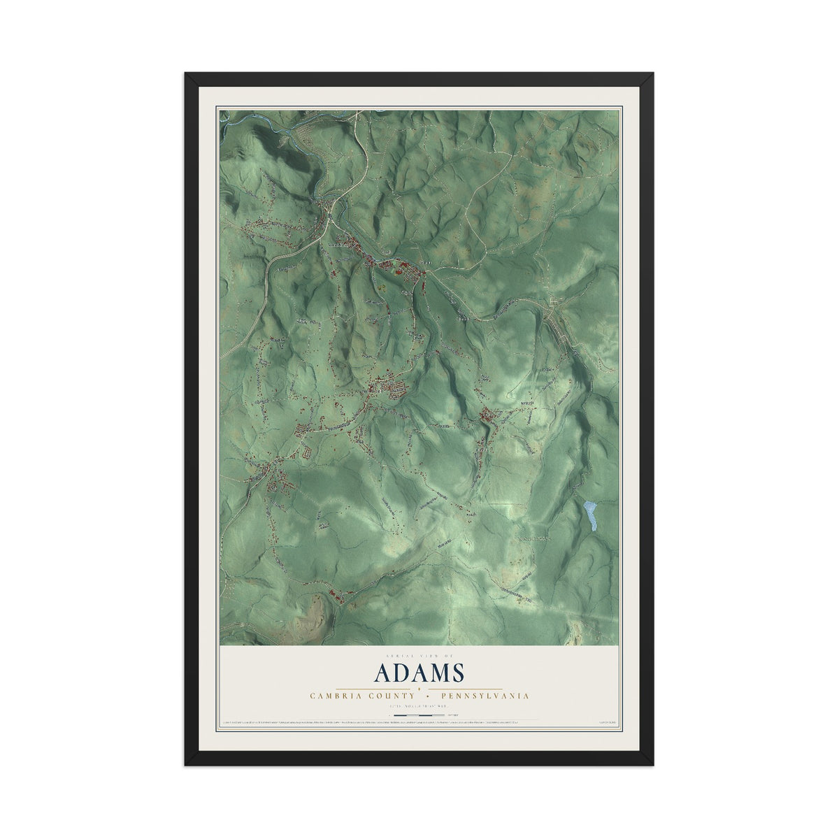 Map of Adams, Cambria County, Pennsylvania, 12 x 18 inch print in a black wood frame