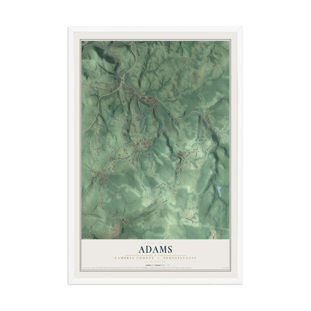 Map of Adams, Cambria County, Pennsylvania, 12 x 18 inch print in a white wood frame