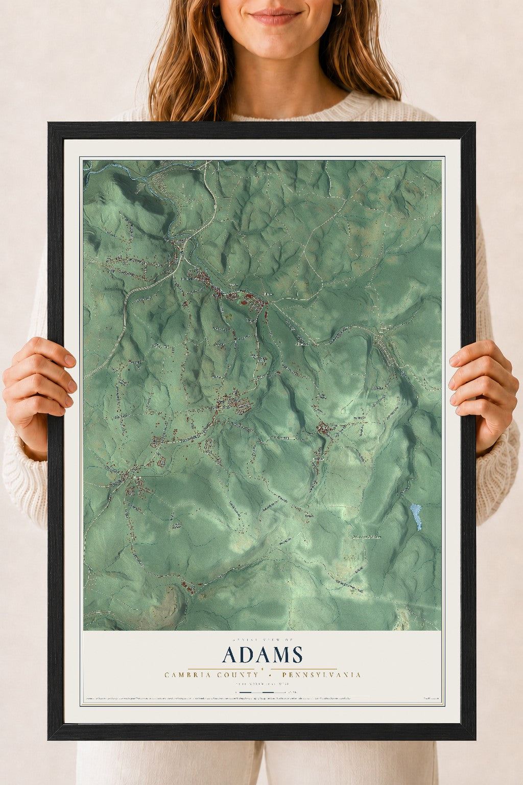 Map of Adams, Cambria County, Pennsylvania, 18 x 24 inch print in a black wood frame