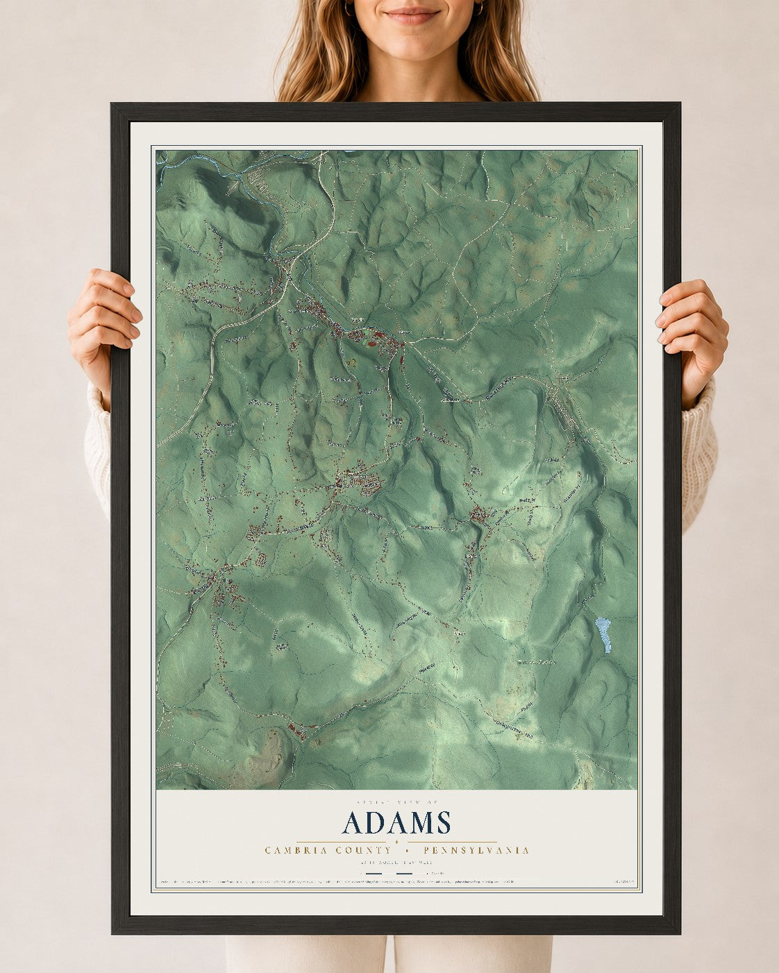 Map of Adams, Cambria County, Pennsylvania, 24 x 36 inch print in a black wood frame