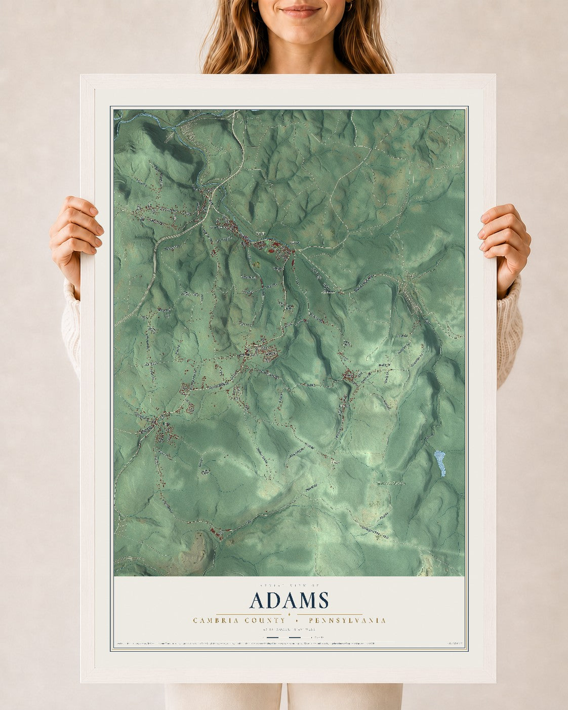 Map of Adams, Cambria County, Pennsylvania, 24 x 36 inch print in a white wood frame