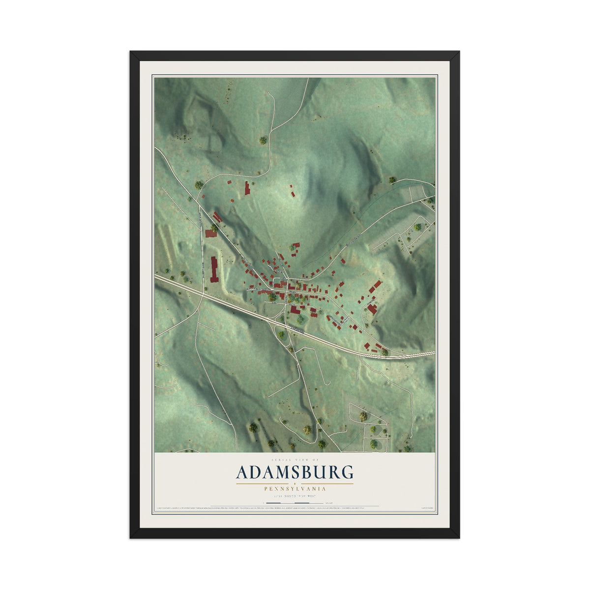 Map of Adamsburg, Pennsylvania, 12 x 18 inch print in a black wood frame