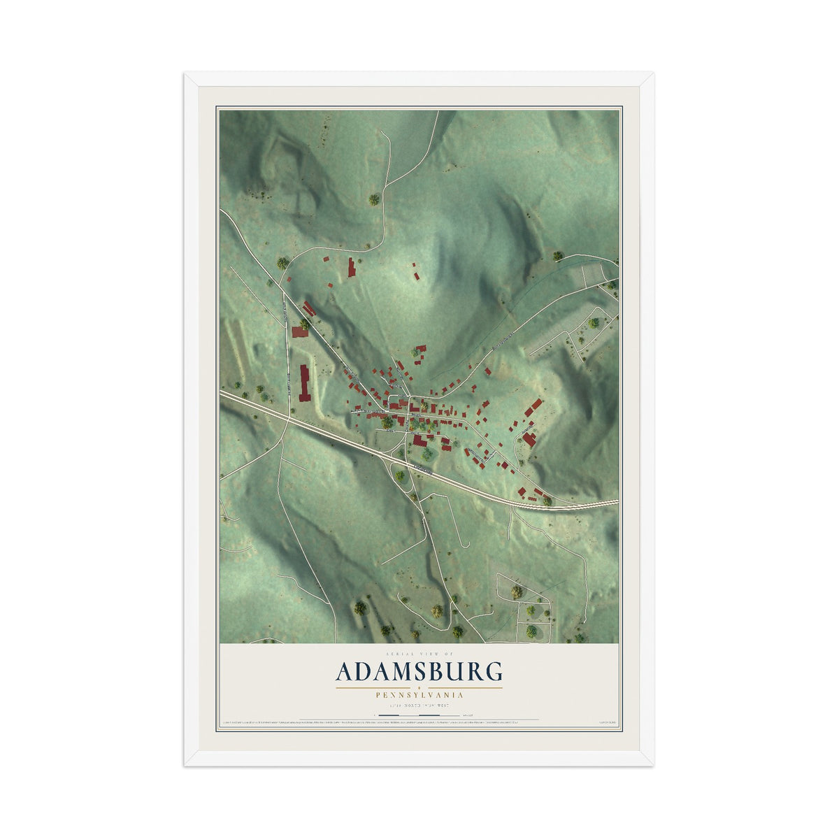 Map of Adamsburg, Pennsylvania, 12 x 18 inch print in a white wood frame