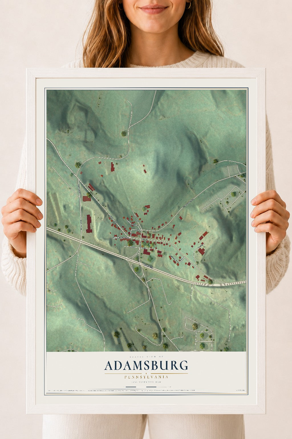 Map of Adamsburg, Pennsylvania, 18 x 24 inch print in a white wood frame