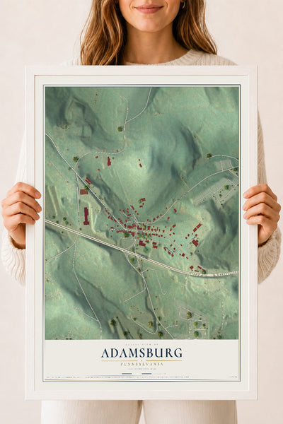 Map of Adamsburg, Pennsylvania, 18 x 24 inch print in a white wood frame