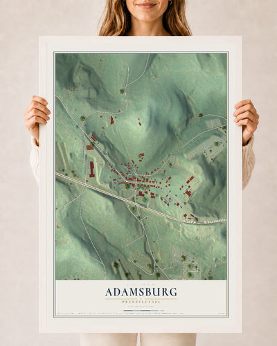 Map of Adamsburg, Pennsylvania, 24 x 36 inch print in a white wood frame