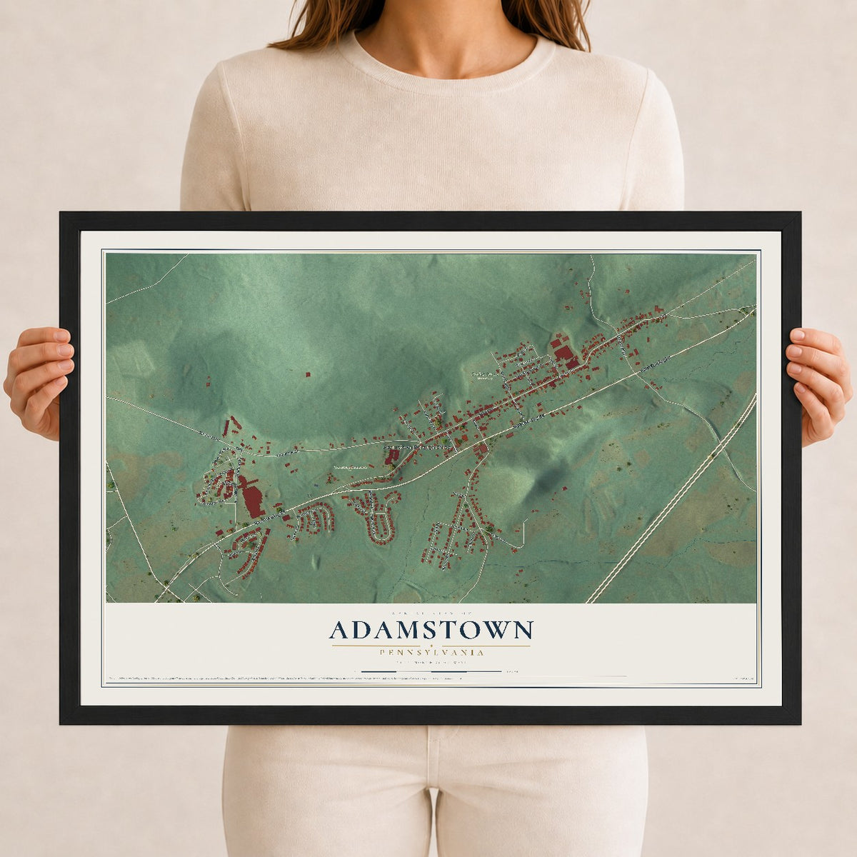 Map of Adamstown, Pennsylvania, 12 x 18 inch print in a black wood frame