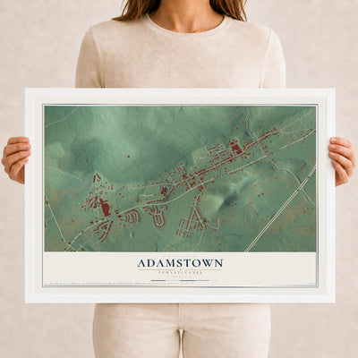 Map of Adamstown, Pennsylvania, 12 x 18 inch print in a white wood frame