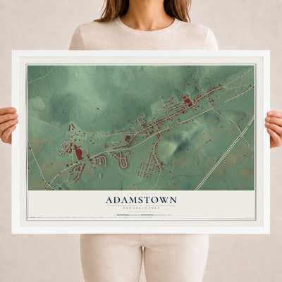 Map of Adamstown, Pennsylvania, 18 x 24 inch print in a white wood frame