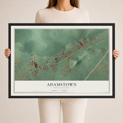 Map of Adamstown, Pennsylvania, 24 x 36 inch print in a black wood frame