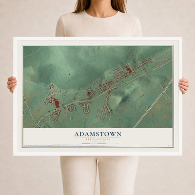 Map of Adamstown, Pennsylvania, 24 x 36 inch print in a white wood frame