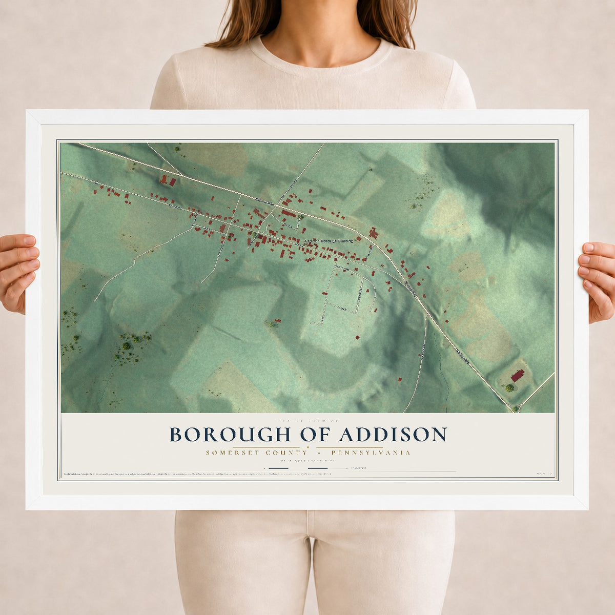 Map of the Borough of Addison, Somerset County, Pennsylvania, 18 x 24 inch print in a white wood frame
