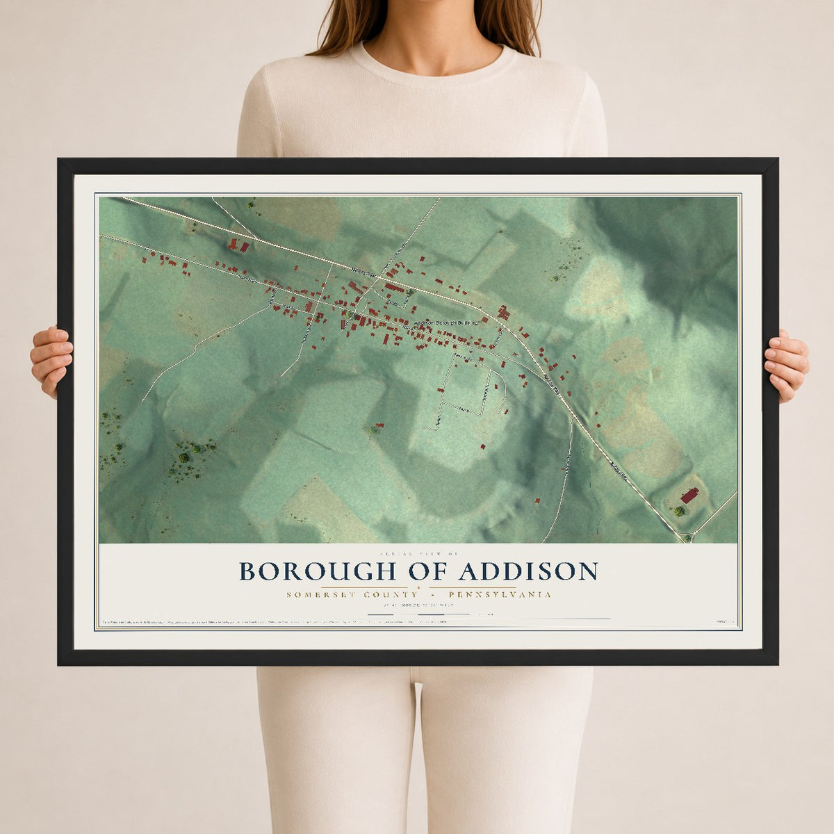 Map of the Borough of Addison, Somerset County, Pennsylvania, 24 x 36 inch print in a black wood frame